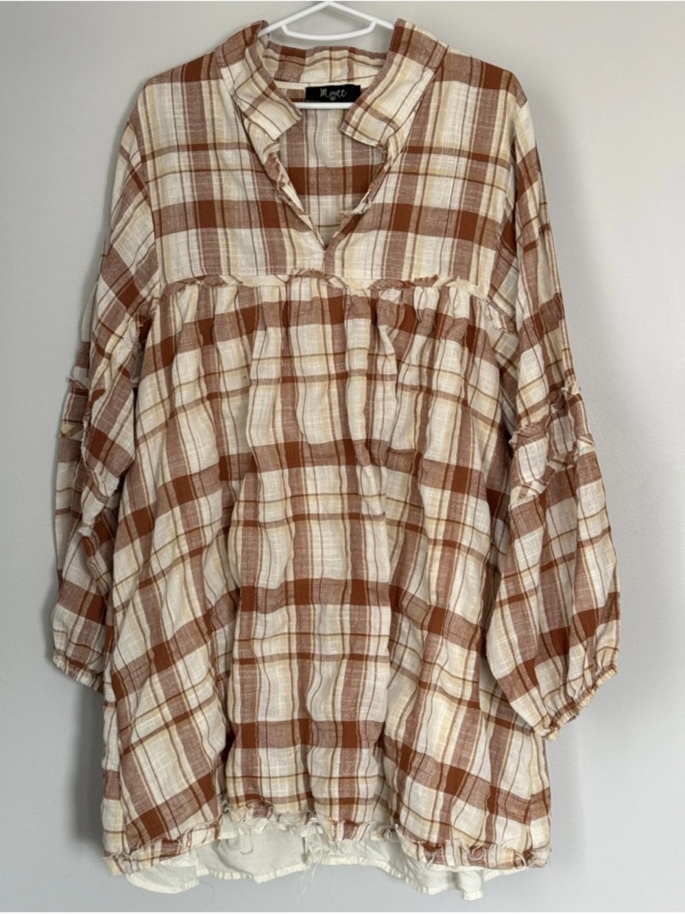 Unbranded Cream & Brown Plaid High-Low Dress